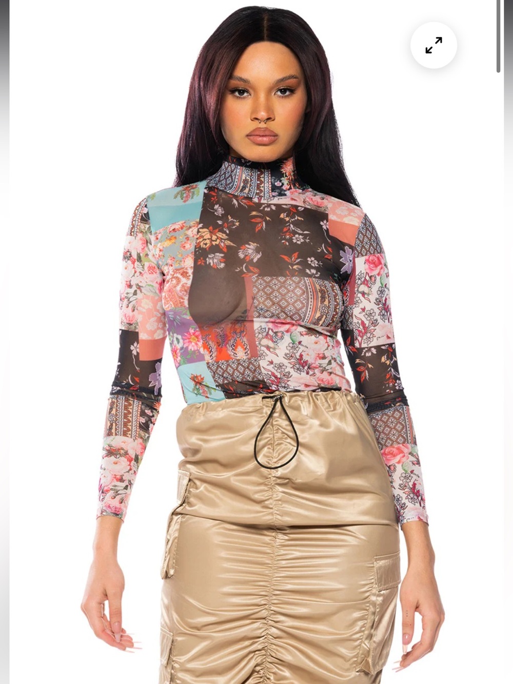 MABLE FLORAL PRINT MESH
TURTLENECK  TOP Long Sleeve patchwork top